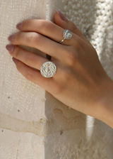 Model Wearing Sterling Silver Next Generation Disk Pomegranate Ring