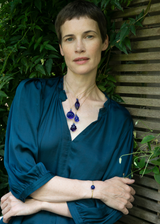 Model Wearing Azaz Light Blue Glass Large Fig Pendant on Cord