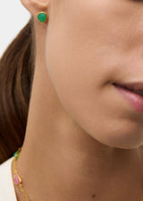 Model wearing 18kt Gold Birds Lament Chrysoprase Studs