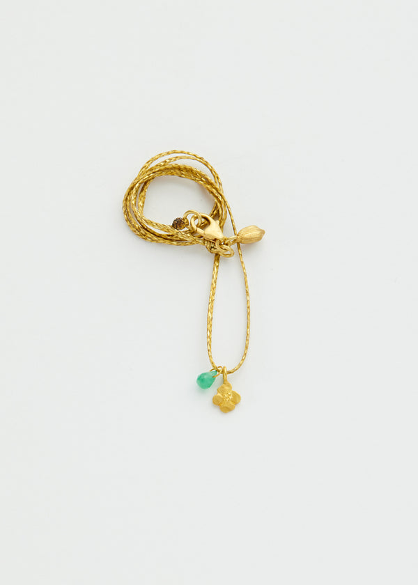 18kt Gold Anemone & Tiny Emerald Amulet on Cord