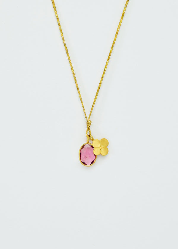 18kt Gold Iris Pink Tourmaline & Anemone Amulet on Cord