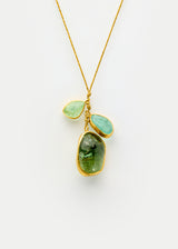 18kt Gold Cerulean Green Tourmaline & Emerald Cluster on Cord