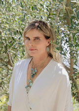 18kt Gold Cerulean Green Tourmaline & Emerald Cluster on Cord