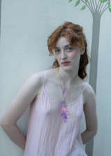 Model Wearing Azaz Pink Glass Long Shell Pendant on Cord