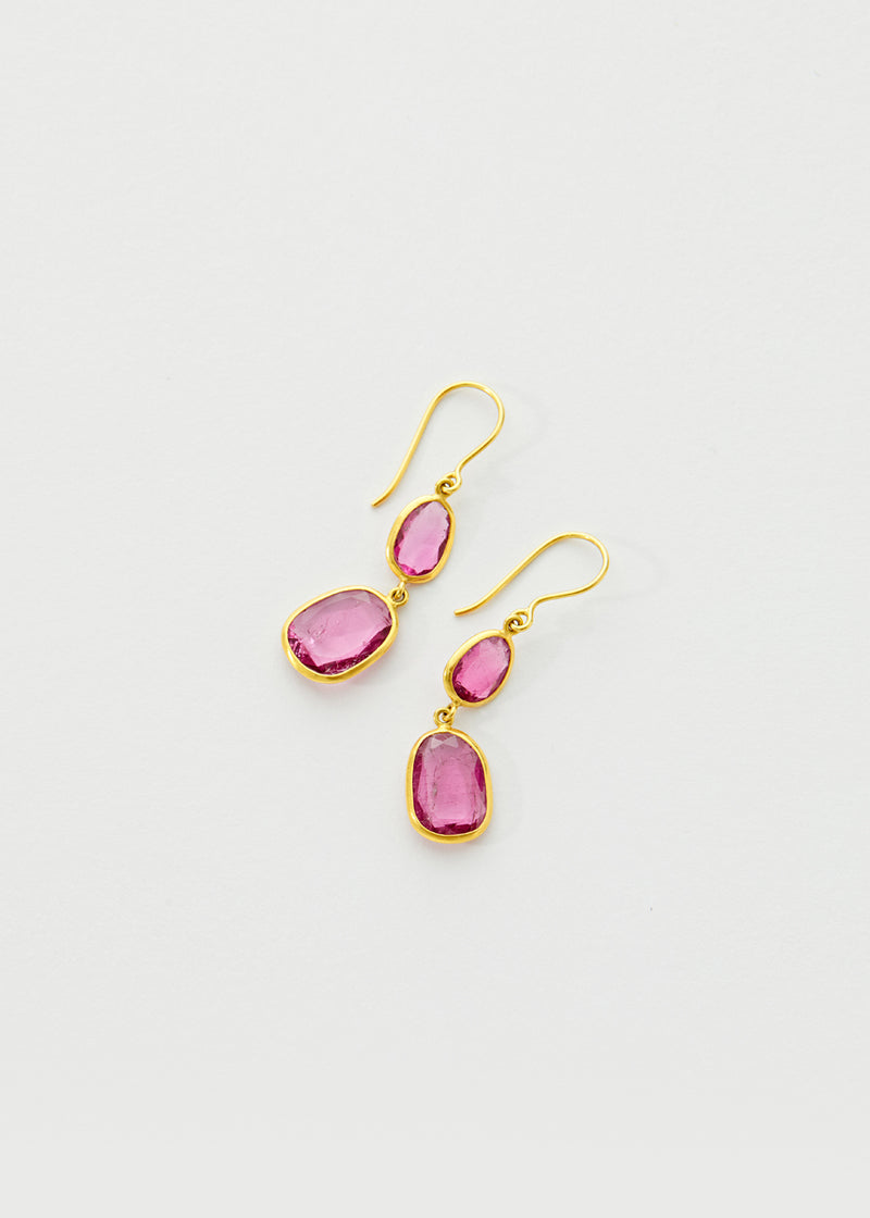18kt Gold  Pink Tourmaline Double Drop Earrings
