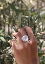 Model Wearing Sterling Silver Next Generation Disk Olive Ring