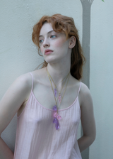 Model Wearing Azaz Pink & Purple Glass Cluster on Cord