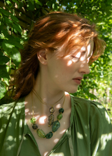 Model Wearing Azaz Grey Glass Twist Bubble Cluster on Cord