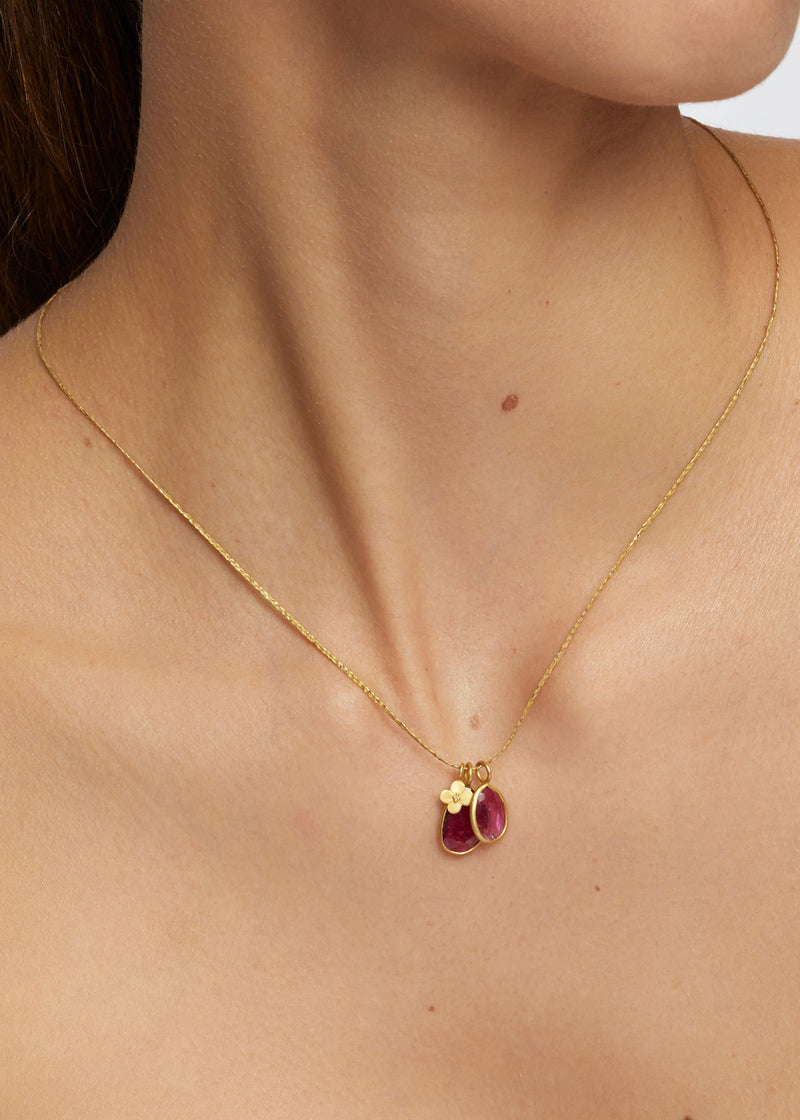 18kt Gold Iris Double Pink Tourmaline & Anemone Amulet on Cord