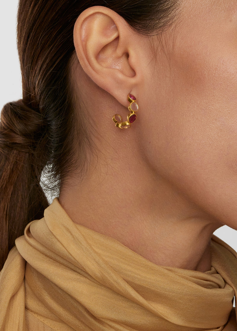 18kt Gold Pink Tourmaline & Rose Quartz Hoop Earrings