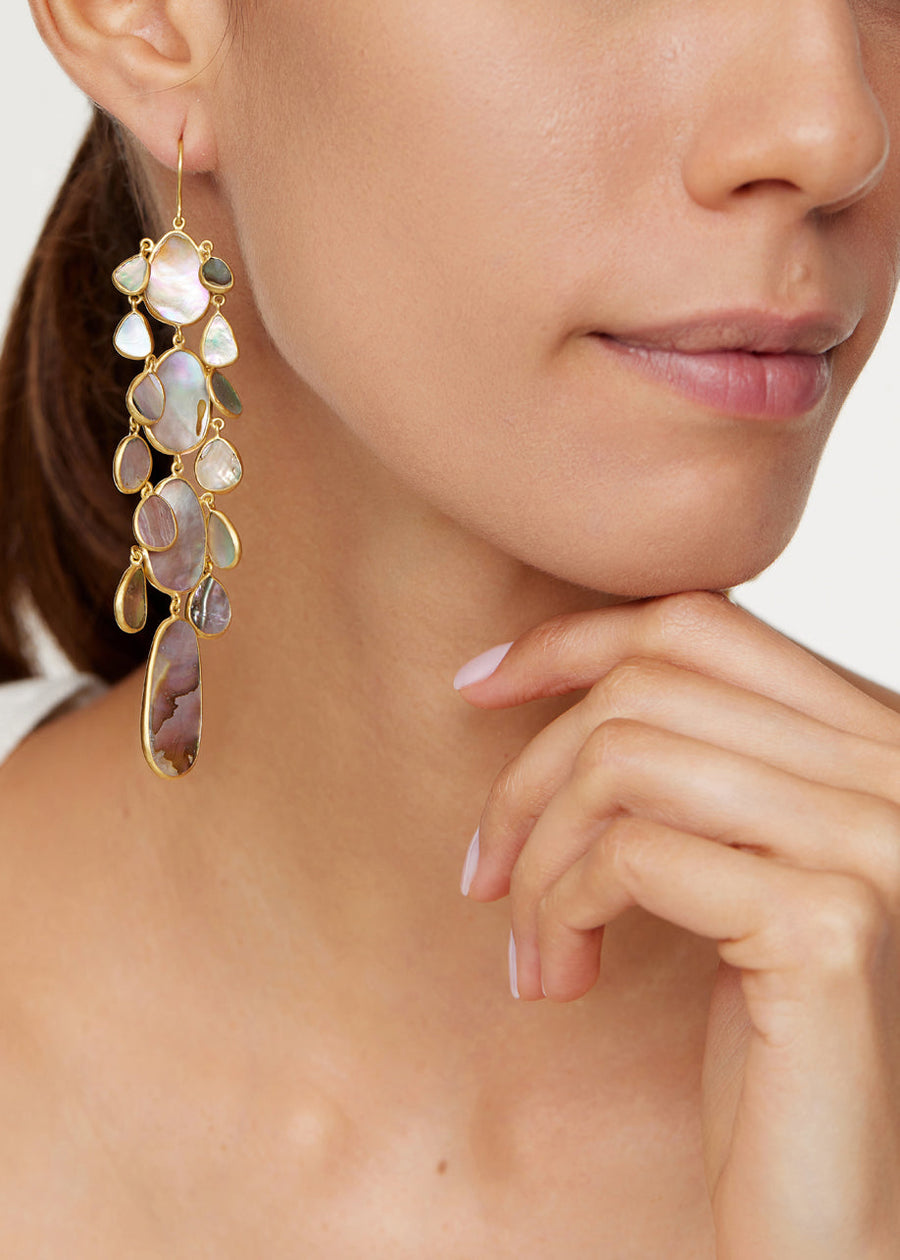 【HYERES LOR】25SS★ Champagne Moon SL Duo Shine Earrings 18kt Gold Venus Abalone Shell Chandelier Earrings – Pippa Small