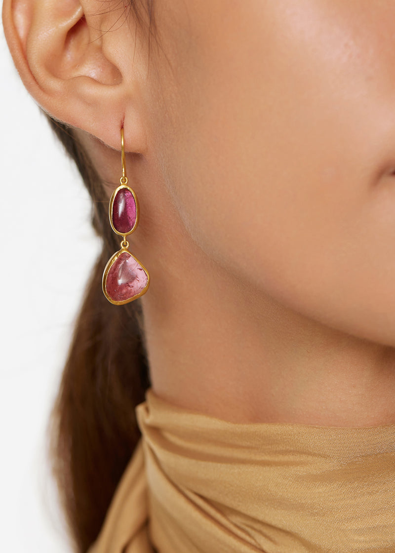 18kt Gold Pink Ibis Tumbled Pink Tourmaline Double Drop Earrings