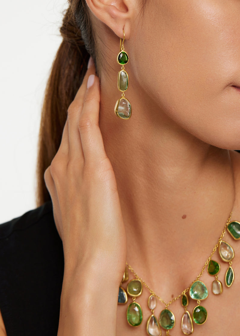 18kt Gold Green Tourmaline & Kunzite Three Drop Earrings