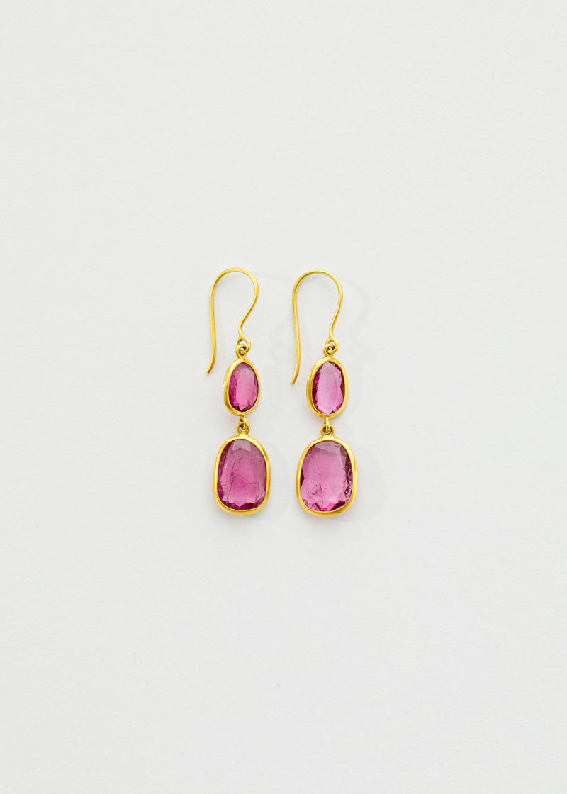 18kt Gold Pink Tourmaline Double Drop Earrings