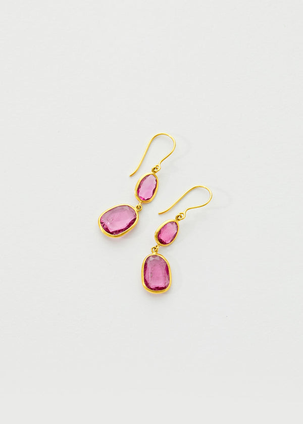 18kt Gold Pink Tourmaline Double Drop Earrings