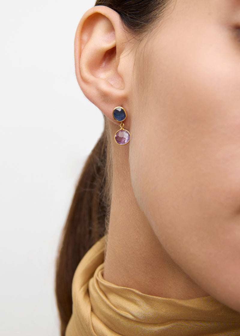 18kt Gold PSTM Myanmar Amethyst & Spinel Double Drop Studs