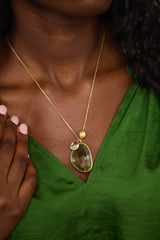 18kt Gold Green Amethyst & Aquamarine Cluster with Gold Bead on Cord