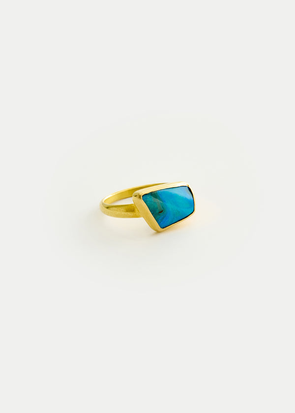 18kt Gold Bright Blue Boulder Opal Greek Ring