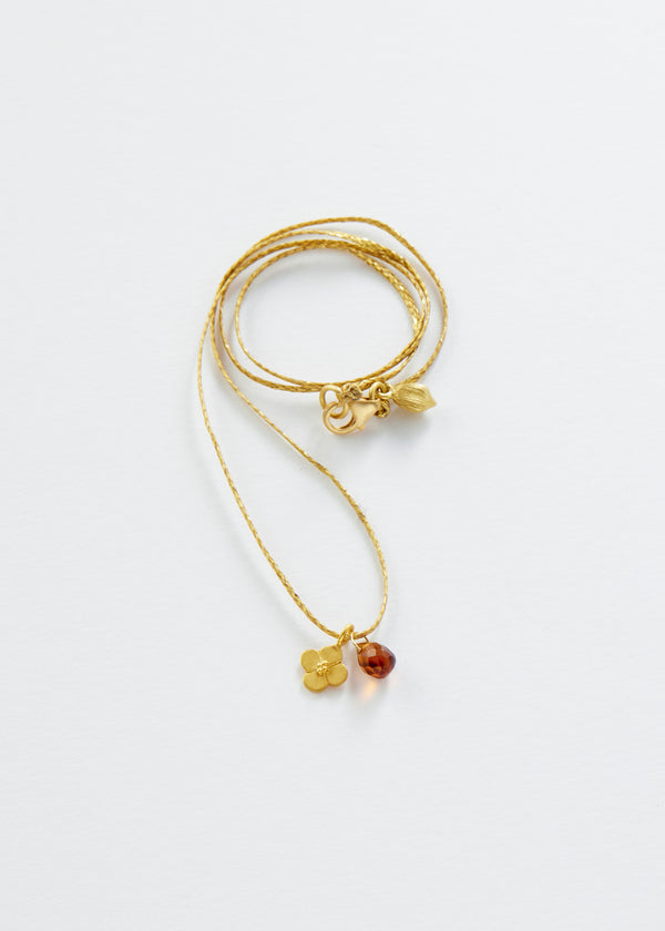 18kt Gold Anemone & Tiny Citrine Amulet on Cord