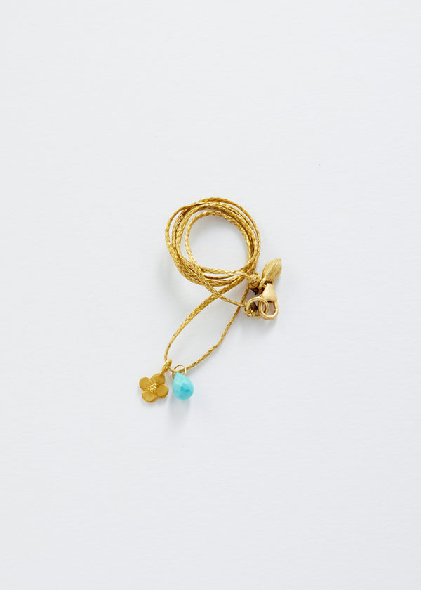 18kt Gold Anemone & Tiny Turquoise Amulet on Cord