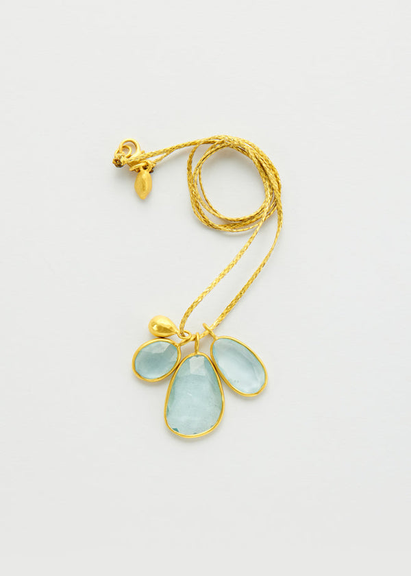 18kt Gold Aquamarine Triple Colette Set Pendant on Cord