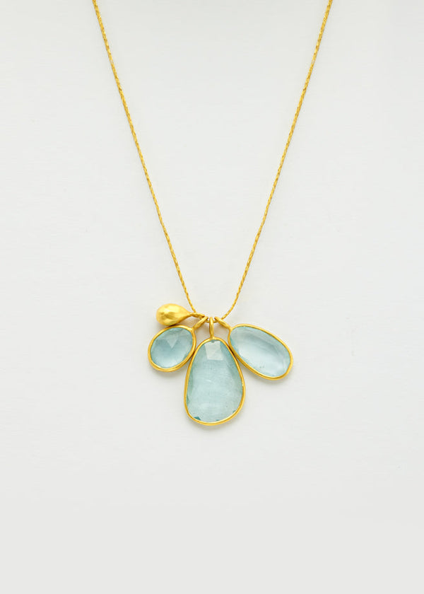 18kt Gold Aquamarine Triple Colette Set Pendant on Cord