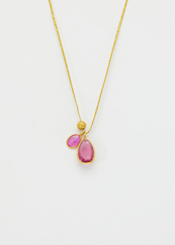 18kt Gold Ruby & Pink Tourmaline Amulets on Cord
