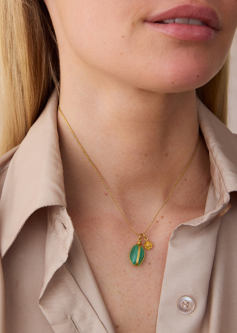 18kt Gold Emerald & Flower Amulets on Cord
