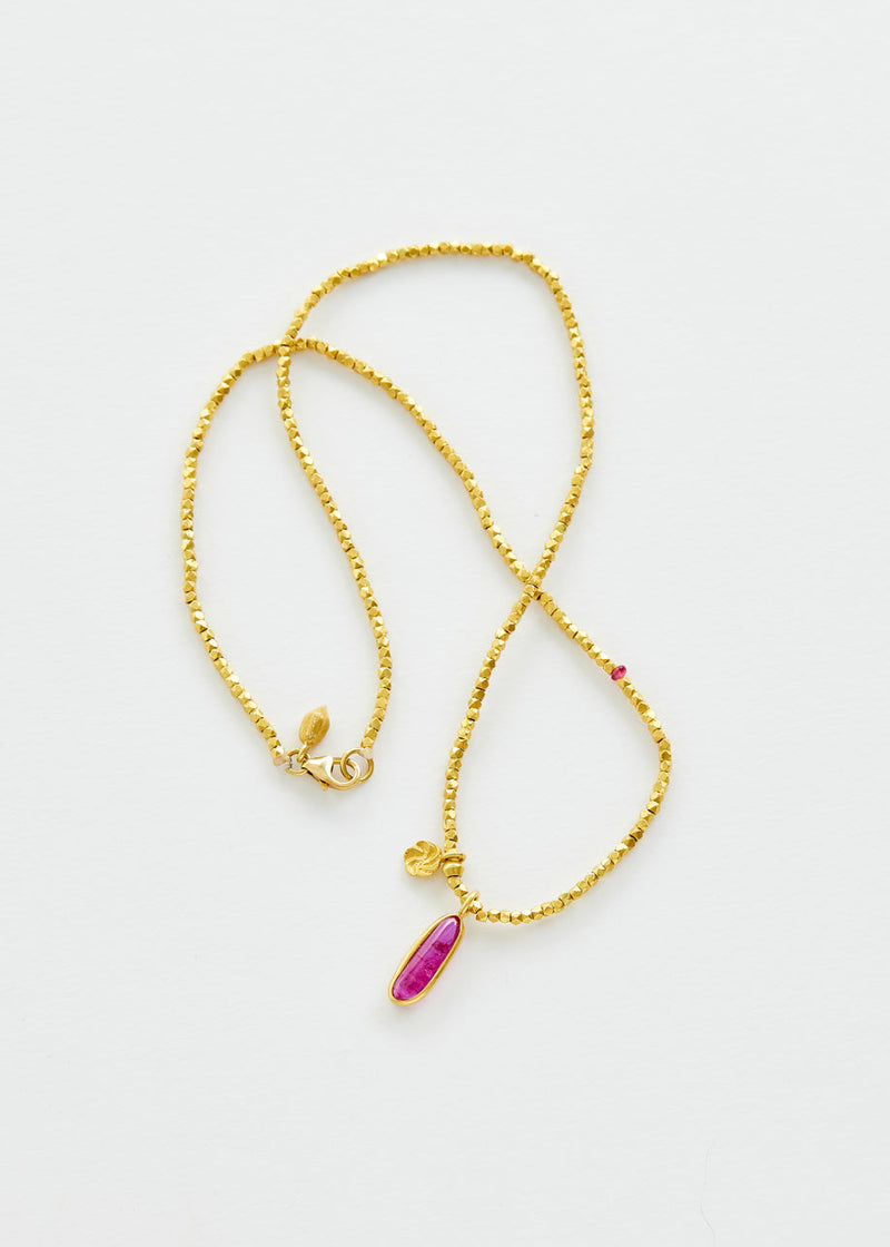 18kt Gold Flower & Ruby Beaded Necklace