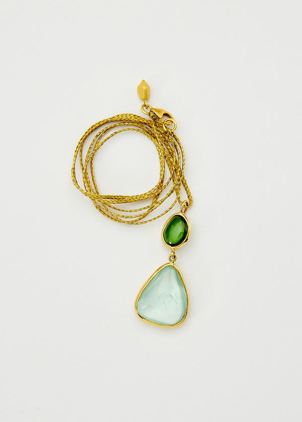 18kt Gold Green Tourmaline & Aquamarine Double Drop Amulets on Cord