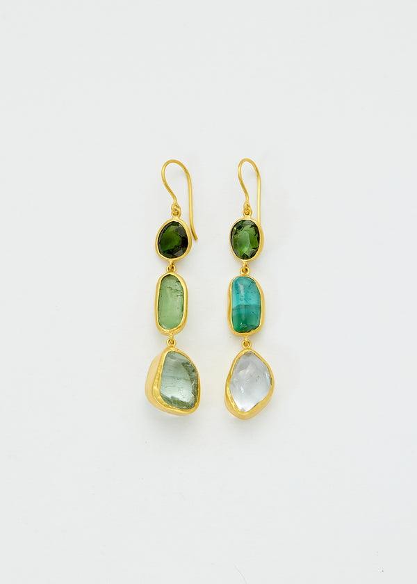 18kt Gold Green Tourmaline & Kunzite Three Drop Earrings