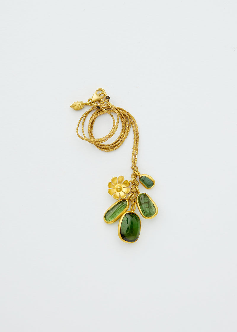 18kt Gold Green Tourmaline & Flower Amulets on Cord