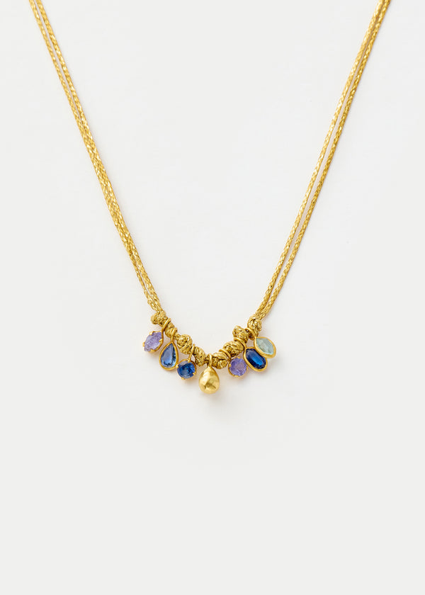 18kt Gold Indigo Mixed Stones & Gold Drop Cluster on Cord