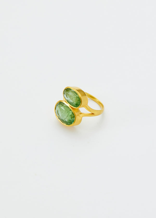 18kt Gold Green Tourmaline Double Greek Oval Ring
