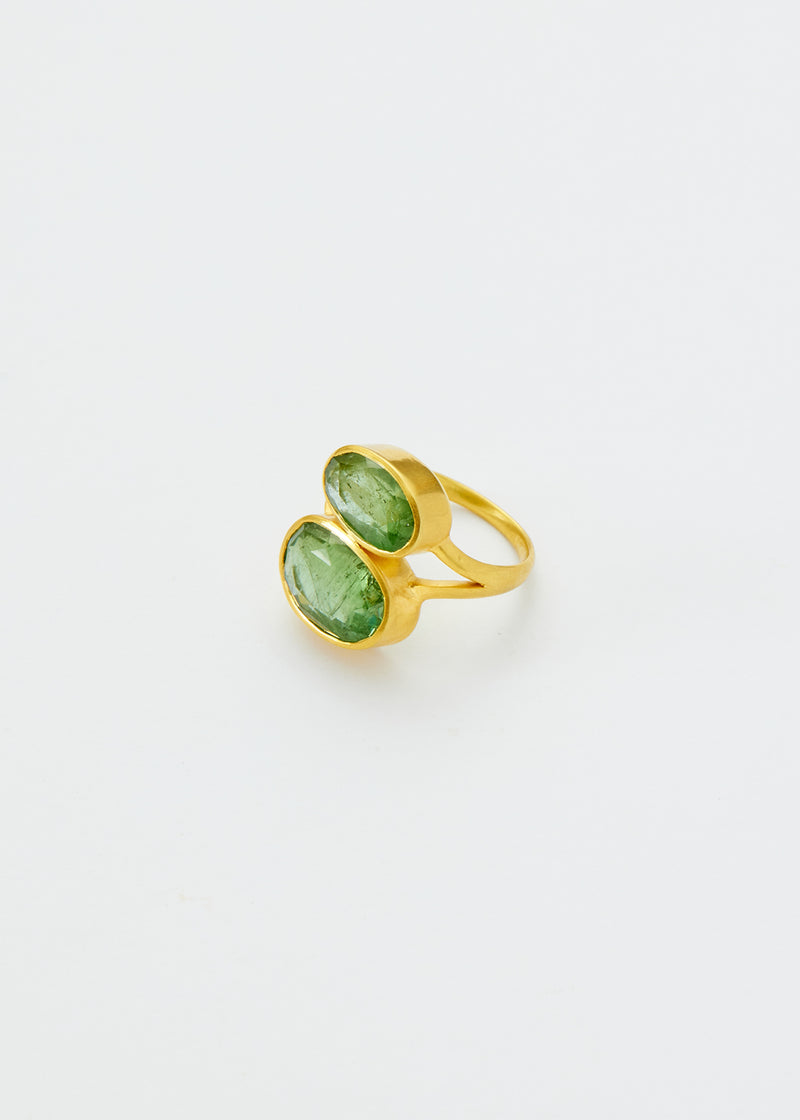 18kt Gold Green Tourmaline Double Greek Oval Ring