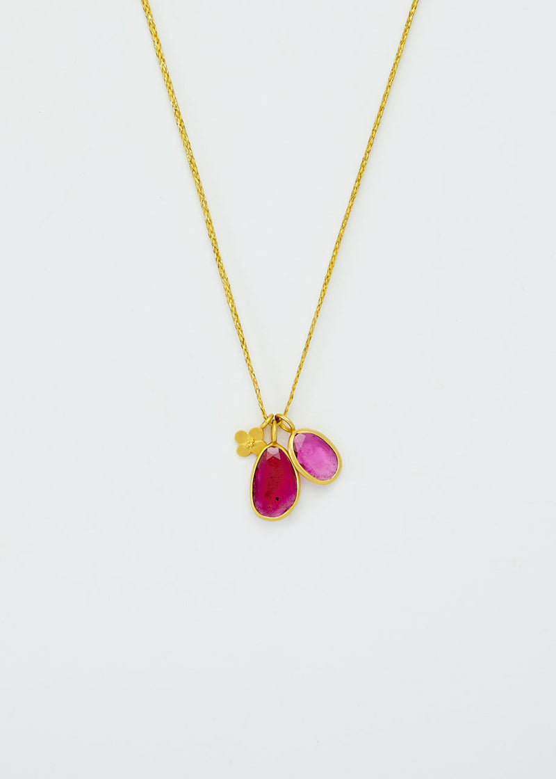 18kt Gold Iris Double Pink Tourmaline & Anemone Amulet on Cord