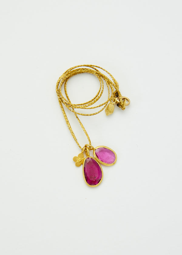 18kt Gold Iris Double Pink Tourmaline & Anemone Amulet on Cord