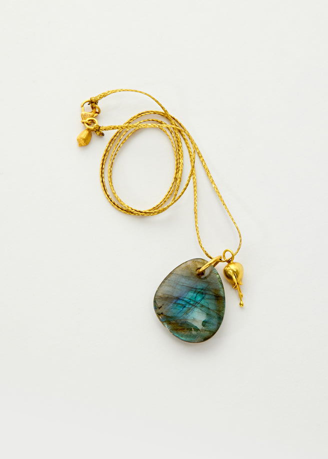 18kt Gold Labradorite Drill Pendant with Gold BlueBell on Cord