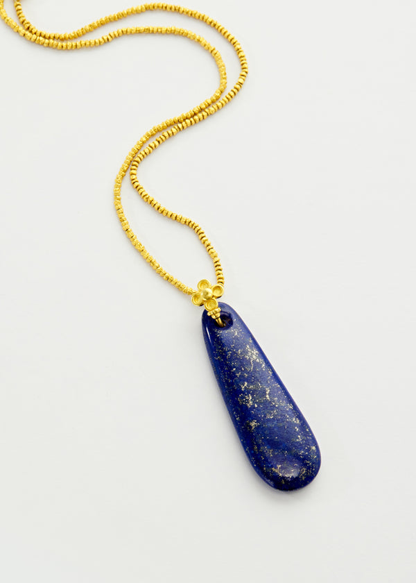 18kt Gold Lapis Pendant with Floral Detail on Wobble Beads Necklace