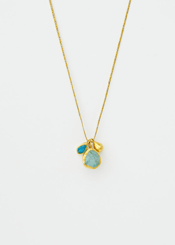 18kt Gold Metamorphic Aquamarine & Apatite Amulets with Gold Drop on Cord