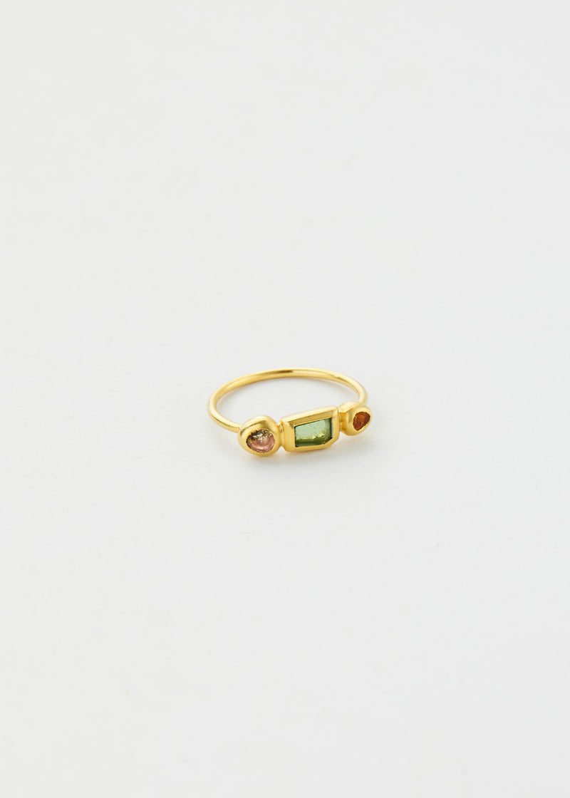 18kt Gold Mixed Stones Confetti Three Stone Wire Cup Ring