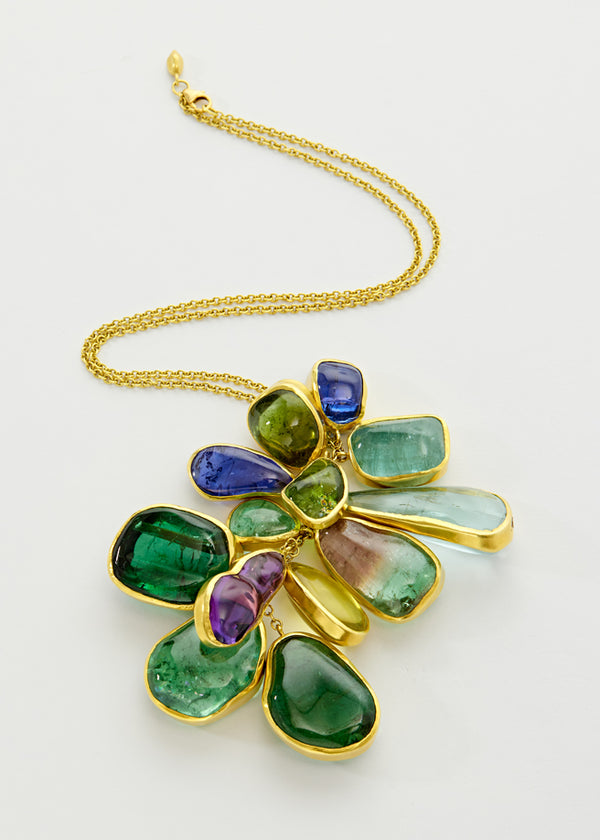 18kt Gold Mixed Tourmaline Large Cluster Necklace