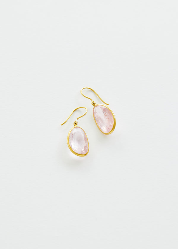 18kt Gold Peony Pink Rose Quartz Single Drop Earrings