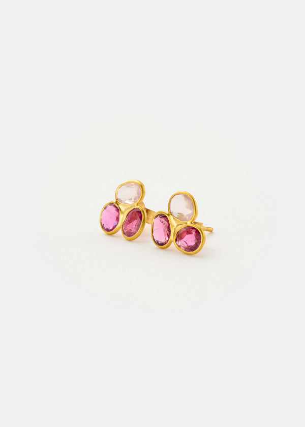 18kt Gold Pink Ibis Pink Tourmaline & Rose Quartz Cluster Studs