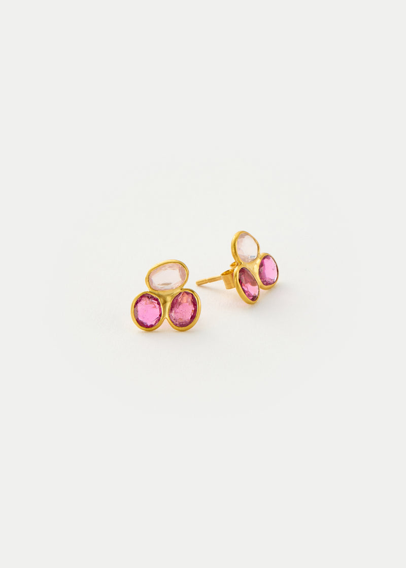 18kt Gold Pink Ibis Pink Tourmaline & Rose Quartz Cluster Studs