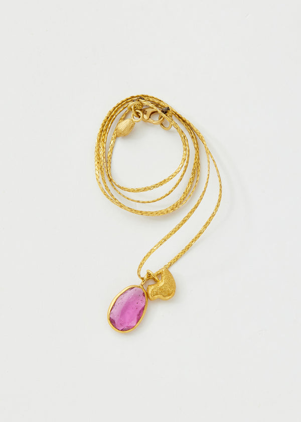 18kt Gold Pink Tourmaline & Bird Amulets on Cord