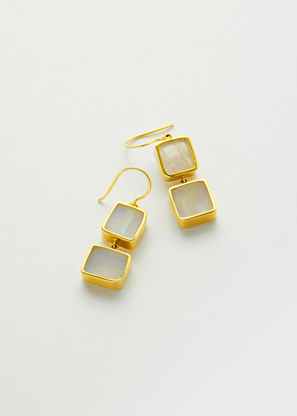 18kt Gold Rainbow Moonstone Square Double Drop Earrings
