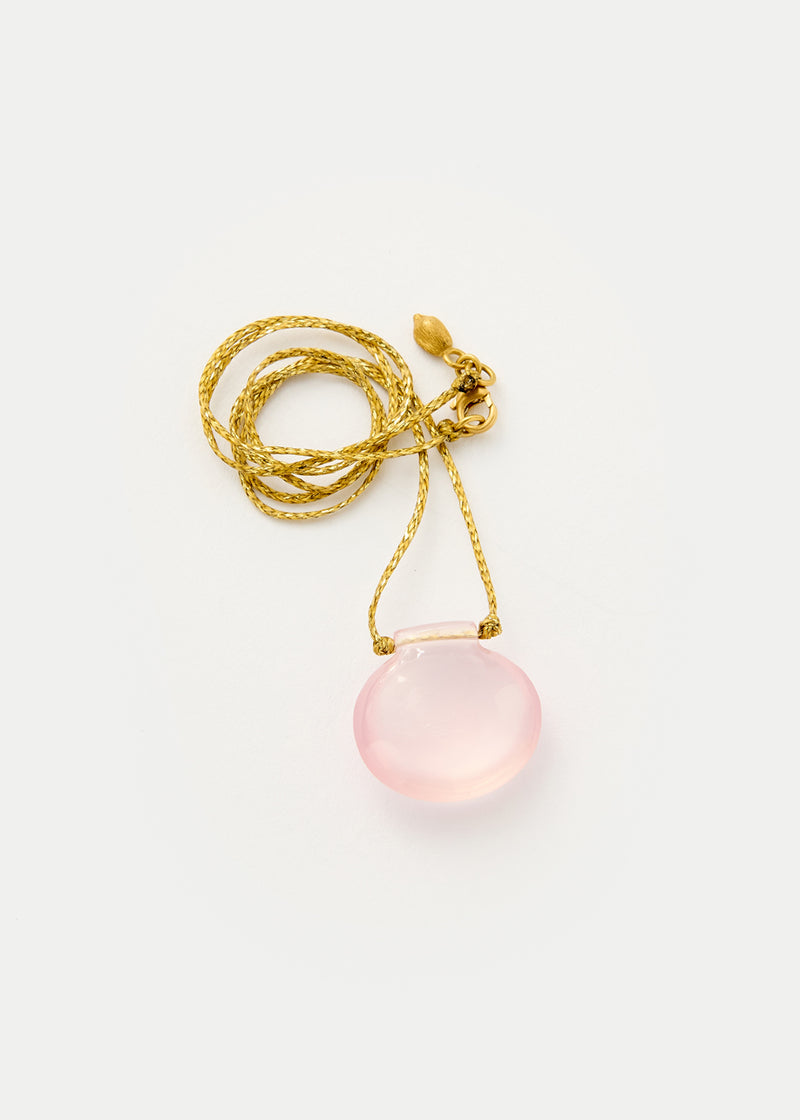 18kt Gold Drilled Rose Quartz Amulet on Cord