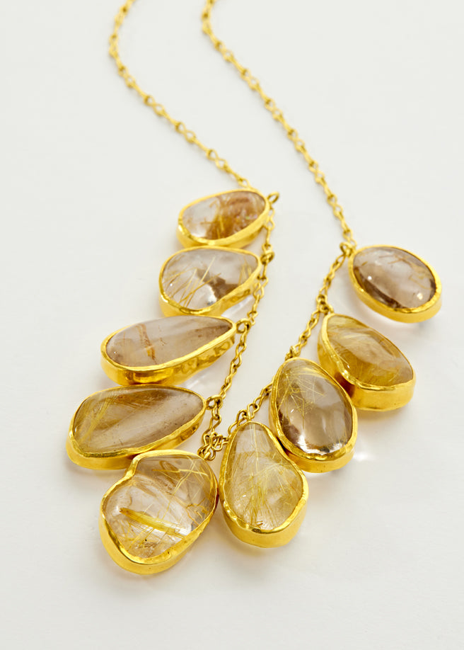 18kt Gold Rutilated Quartz Nine Stone Fringe Necklace
