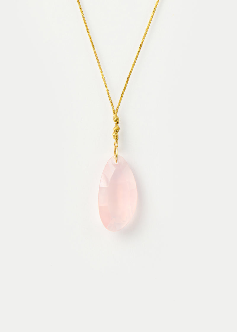 18kt Gold Pink Agra Rose Quartz Drill & Loop Amulet on Cord